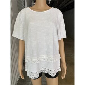 BANANA REPUBLIC Textured Tunic Top White Short Sleeve Fringe Hem Size XL